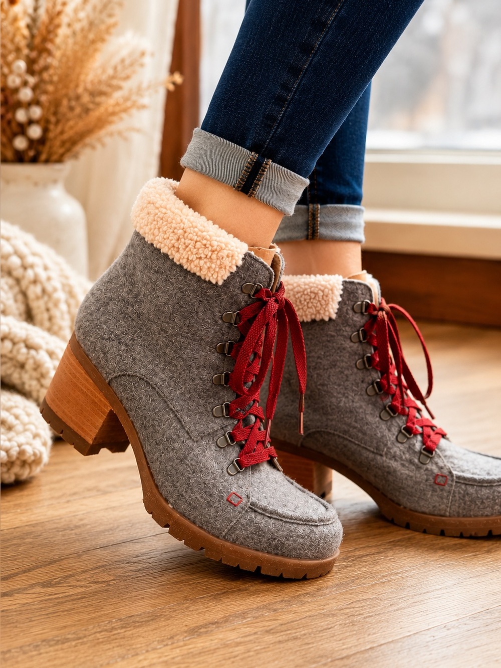 Kork-Ease Evie Gray Wool Blend Lace-Up Block Heel Ankle Boots Women’s Size 10